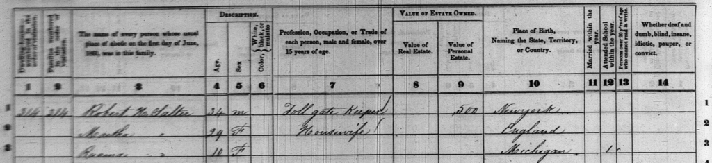 Black and white excerpt of an 1860 U.S. census document. Citation: United States (U.S.), 1860 Census, Wayne, Michigan, population schedule, Grosse Pointe Township, page 46 (penned), lines 1-7, dwelling 314, family 314, Robert McSalter household; imaged, “United States, Census, 1860,” FamilySearch (https://www.familysearch.org/ark:/61903/3:1:33SQ-GBS4-857 : accessed 9 June 2026), image 44 of 53; citing National Archives and Records Administration.