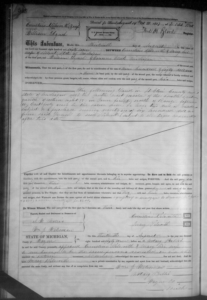 Black and white copy of an 1867 deed transfer document. Citation: St. Clair County, Record of Deeds, Vol. 26, 1866-67, p. 548, Cornelius Dilworth and wife to William Lynch, received and recorded 14 August 1867, purchase of NW¼ of the SE¼ of Section 8, T5N R15E (about 40 acres in Columbus Township); imaged, FamilySearch (www.familysearch.org/ark:/61903/3:1:3Q9M-C37F-3S2Q-7 : accessed 29 May 2026).