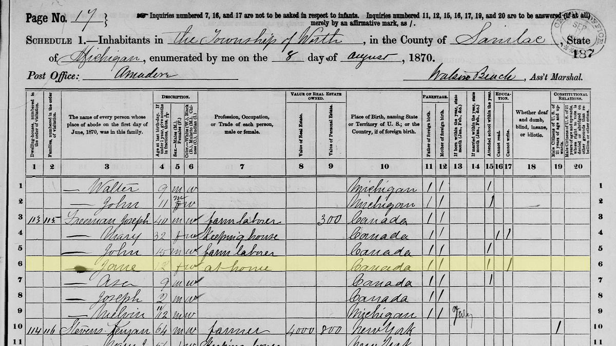 Excerpt from an 1870 U.S. Census from Worth Township, Sanilac, Michigan, showing the Freeman family, which originated in Canada.
