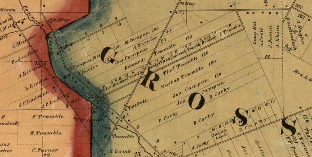 Color excerpt of an 1860 map showing the Detroit, Michigan, region. Citation: Library of Congress, Geography and Map Division, Map of Wayne Co., Michigan (Philadelphia : Geil, Harley & Siverd, 1860), detail showing northwest Grosse Pointe area, call no. G4113.W3G46 1860 .G4; imaged, Library of Congress Digital Collections (https://lccn.loc.gov/2012593159 : accessed 9 June 2026), LCCN 2012593159.
