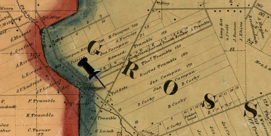 Color excerpt of an 1860 map showing the Detroit, Michigan, region. Citation: Library of Congress, Geography and Map Division, Map of Wayne Co., Michigan (Philadelphia : Geil, Harley & Siverd, 1860), detail showing northwest Grosse Pointe area, call no. G4113.W3G46 1860 .G4; imaged, Library of Congress Digital Collections (https://lccn.loc.gov/2012593159 : accessed 9 June 2026), LCCN 2012593159.