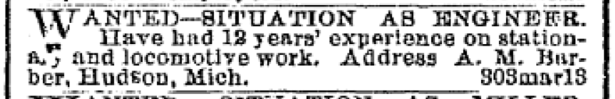 News clipping from 1877 advertising services as an engineer.