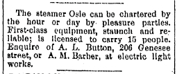News clip from 1890 advertising charters on the Saginaw River aboard the steamship Oslo.