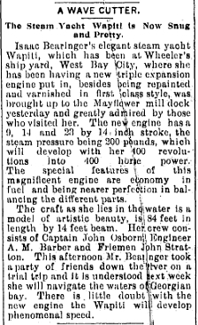 Newspaper clipping from 1894 describing the Steam Yacht Wapiti owned by Saginaw, Michigan, lumber baron Isaac Bearinger.