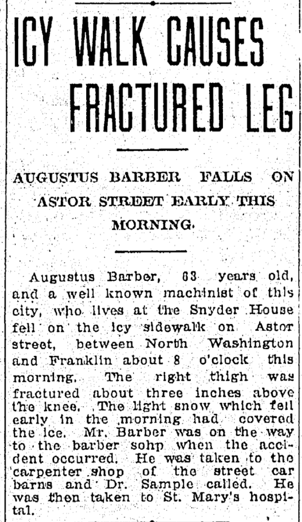 News story from 1913 describes a fall on an icy sidewalk by a man named Augustus Barber.