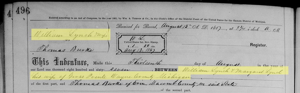 Excerpt from an 1867 land contract between William Lynch and wife and Thomas Burke, Erin Township, Macom, Michigan.