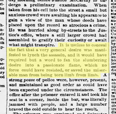 Excerpt from The Detroit Free Press, 8 January 1866, detailing the arraignment a suspected murderer and angry crowds demanding swifter justice.