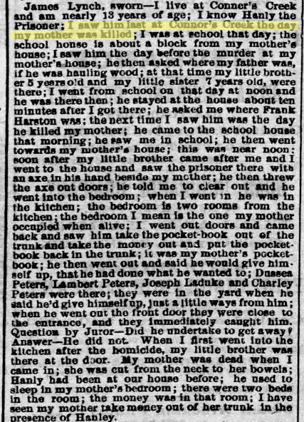 Excerpt from The Detroit Free Press, 4 May 1866, detailing the opening day of the trial of suspected murderer John Hanly, alias John Cooper.