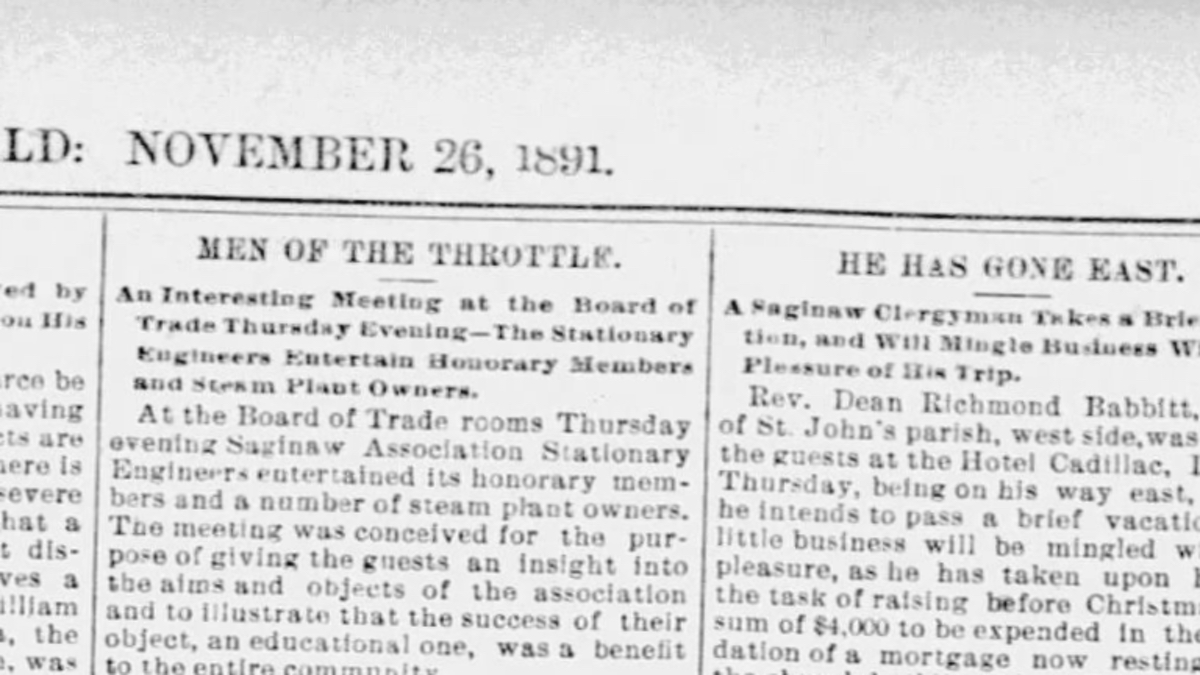 Excerpt from an 1891 newspaper showing the headline "Men of the Throttle."