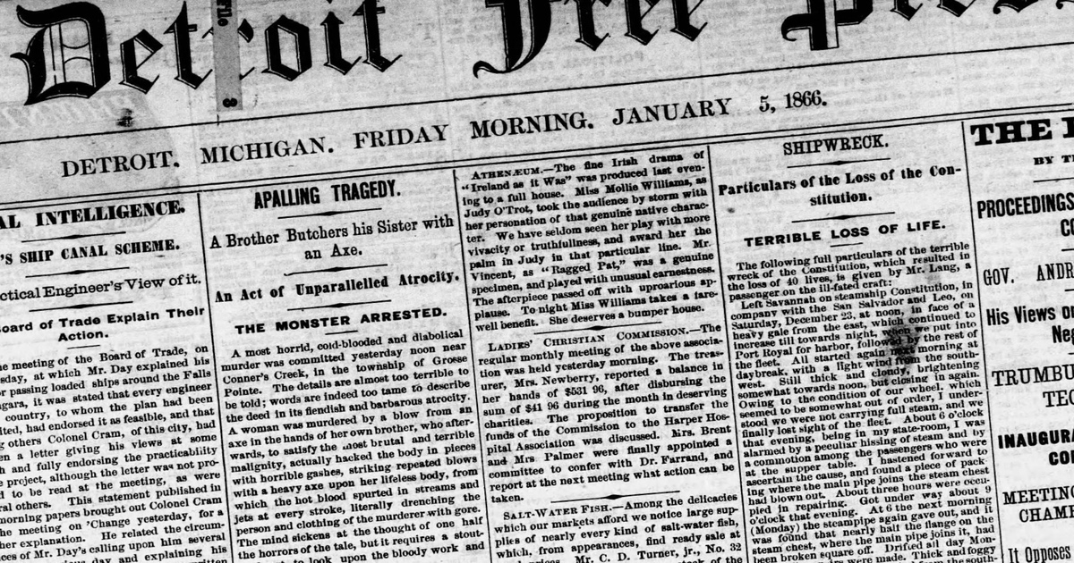 Clipping from the 5 January 1866 The Detroit Free Press highlighting a local murder.