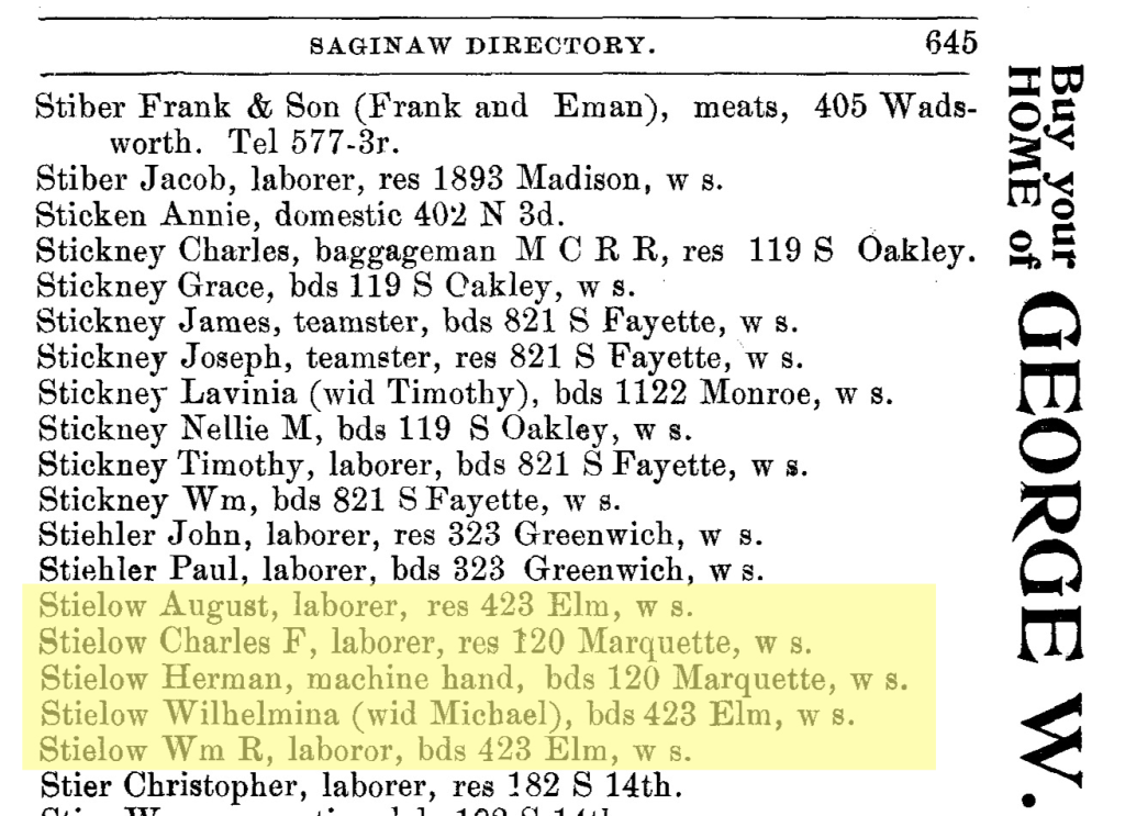Excerpt from an 1895-1896 Saginaw, Michigan, city directory featuring several members of the Stielow family living at two different addresses.