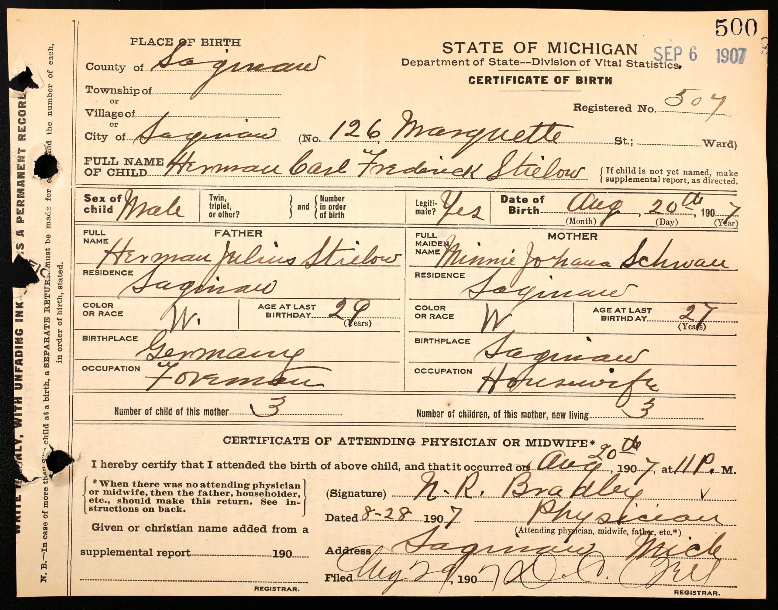 Birth certificate for a child named Herman Carl Frederick Stielow, b. 20 August 1907. State of Michigan, Department of State-Division of Vital Statistics, Certificate of Birth, Certificate no. 500 (1907), Registered no. 507, Saginaw, Herman Carl Frederick Stielow, 20 August 1907.